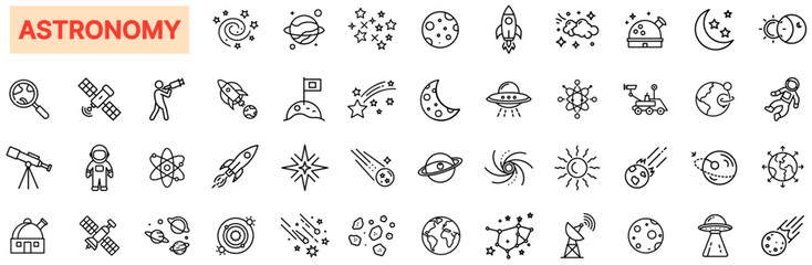 Astronomy & Space Exploration Icon Set – Planets, Stars, Moon, Telescope, Rocket, Galaxy, Black Hole, UFO, Astronaut, Solar System, Meteor, Satellite, Cosmic Science © Al Rafi