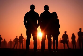 Silhouettes of figures standing close, leaving ample negative space, agglomeration, affiliation