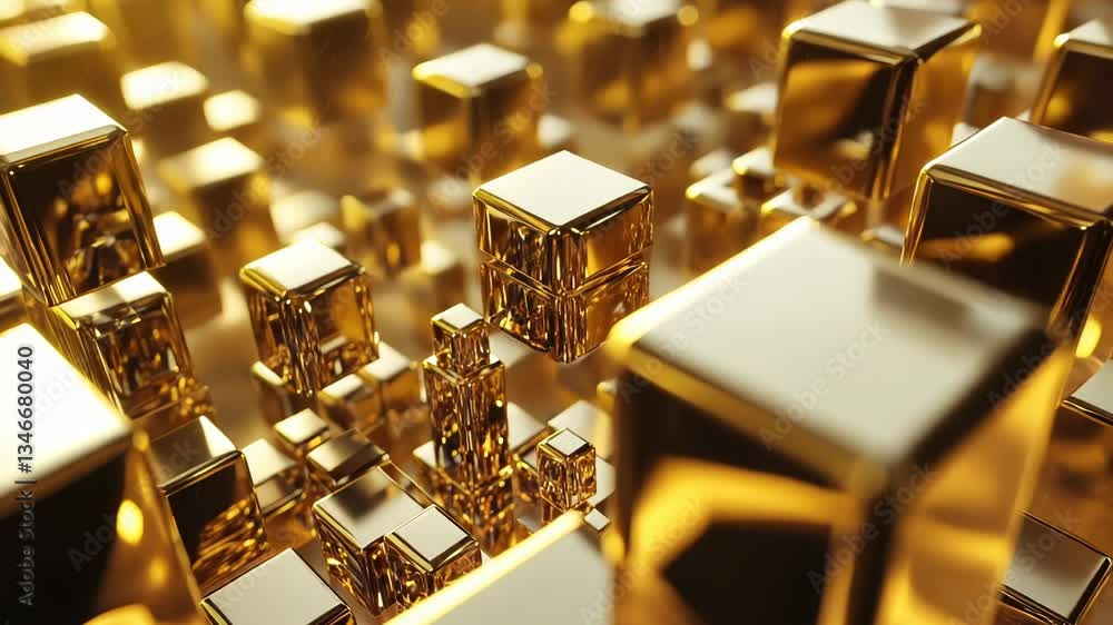 Poster exploring shimmering gold cubes in intricate patterns and structures highlighting depth and texture