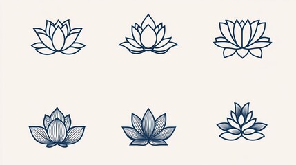 Six lotus flower line art designs, isolated on white, for various uses