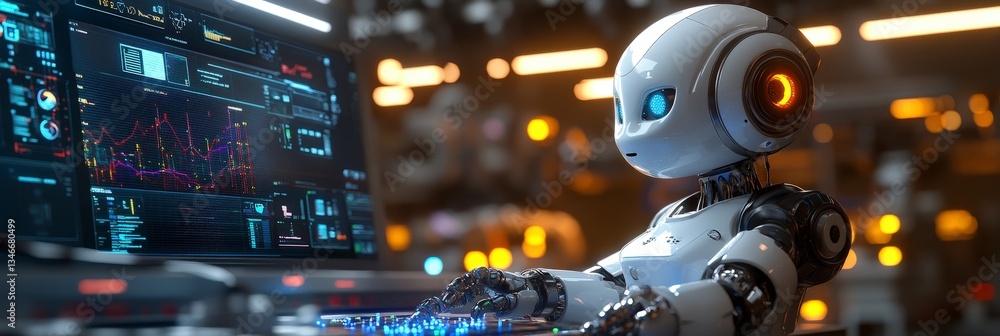 Poster robot analyzing data on futuristic digital screen.