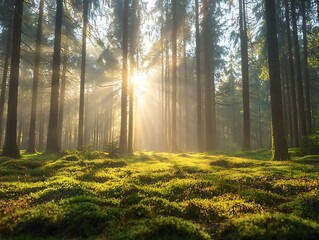 Obraz premium Sunbeams in Misty Forest.