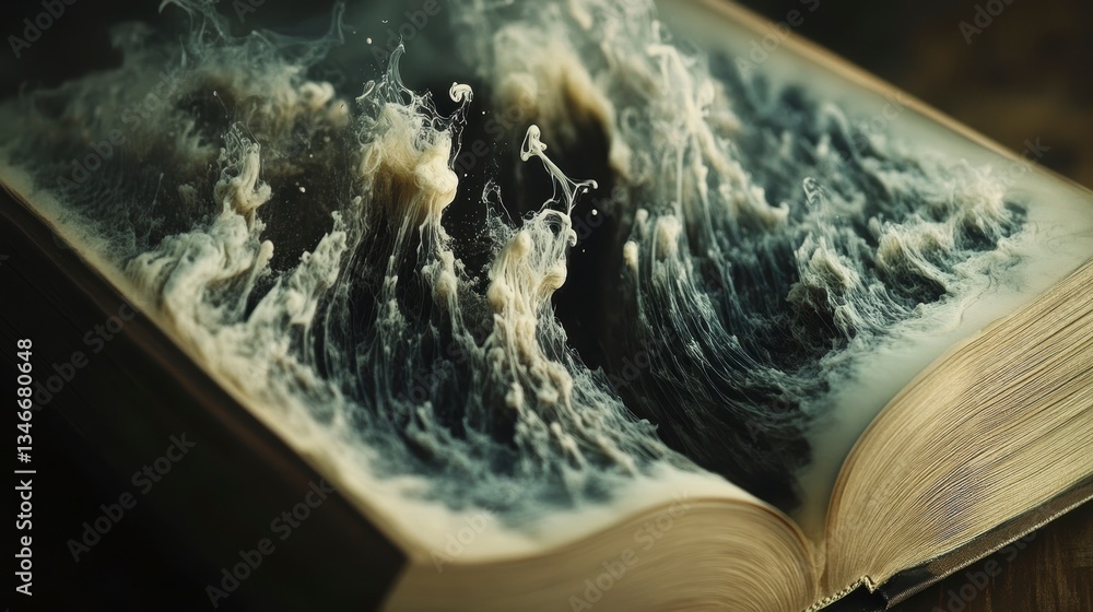 Poster ink swirling from an open antique book, creating a mystical, ethereal effect.