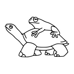 funny cartoon frog hitchhiking on turtle