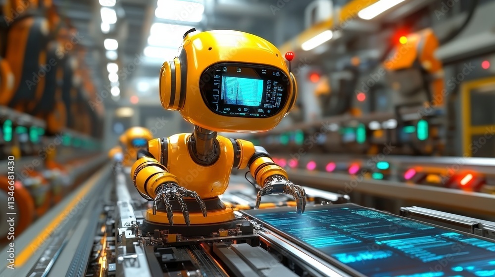 Poster orange robot with screen in futuristic factory setting