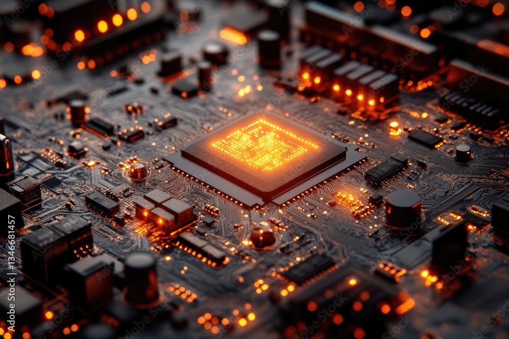 Poster a close up view of a glowing circuit board processor