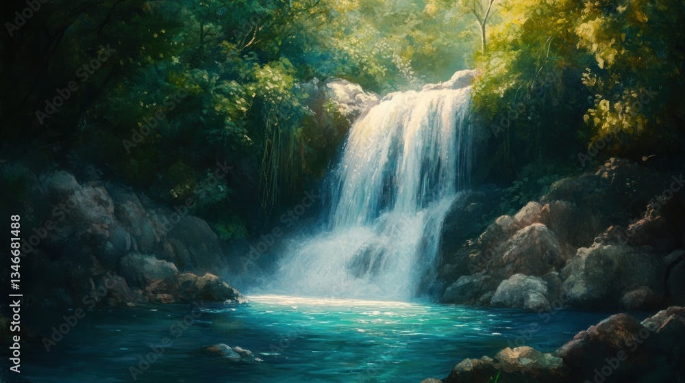 Poster lush waterfall cascading into a tranquil pool in a verdant forest