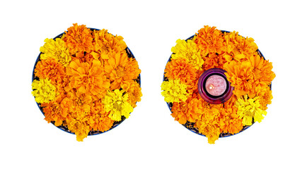Bowl with yellow and orange color marigold flowers and candle. Altar. Flowers for Indian holidays Diwali festival, Pongal and Day of the Dead. Flat lay, Isolated on a transparent background