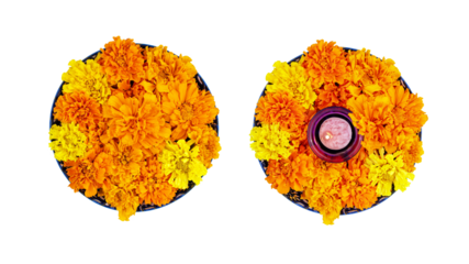 Bowl with yellow and orange color marigold flowers and candle. Altar. Flowers for Indian holidays Diwali festival, Pongal and Day of the Dead. Flat lay, Isolated on a transparent background