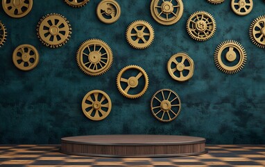 Fototapeta premium A podium made of interlocking gears and cogs, symbolizing the harmony of machinery and innovation.