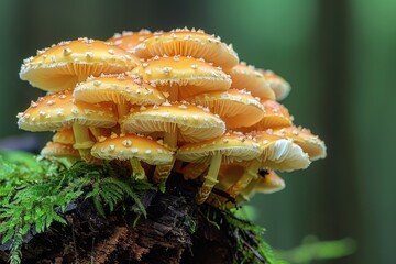 A cluster of orange and white spotted mushrooms in nature