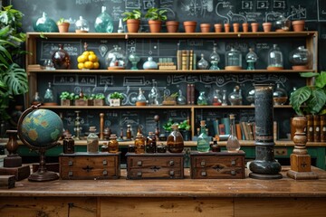 A cluttered laboratory displays various scientific tools and plants