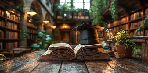 Conceptual background representing education, knowledge, and innovation, featuring a light bulb with a mortar board on an open book in a vintage library setting