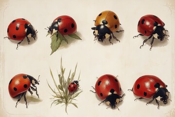 Fototapeta premium Vintage Botanical Ladybug Study, Ladybugs