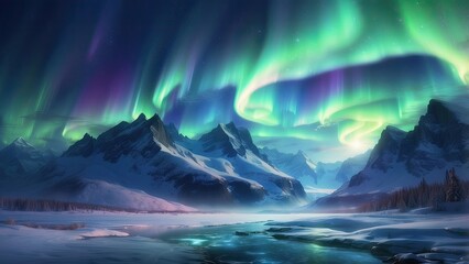 Naklejka premium A stunning nighttime scene featuring the northern lights (aurora borealis) swirling in vibrant green hues against a starry sky.