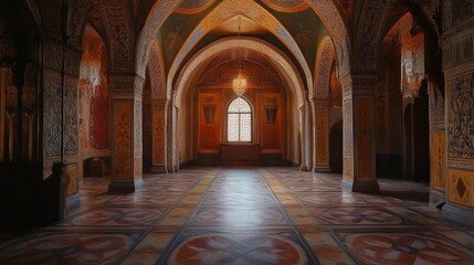 Obraz premium Ornate hall with arches and patterned floor.