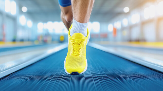 Close-up of a runner on a track with detailed texture of running surface captured in gritty indoor treadmill environment