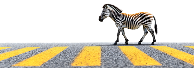A straight horizontal view of a zebra crossing with zebra isolated on white background PNG. AI GENERATED