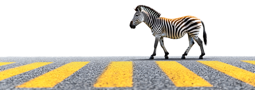 A straight horizontal view of a zebra crossing with zebra isolated on white background PNG. AI GENERATED