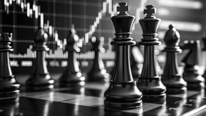 Chess Game Strategy with Financial Stock Market Chart Background in Black and White
