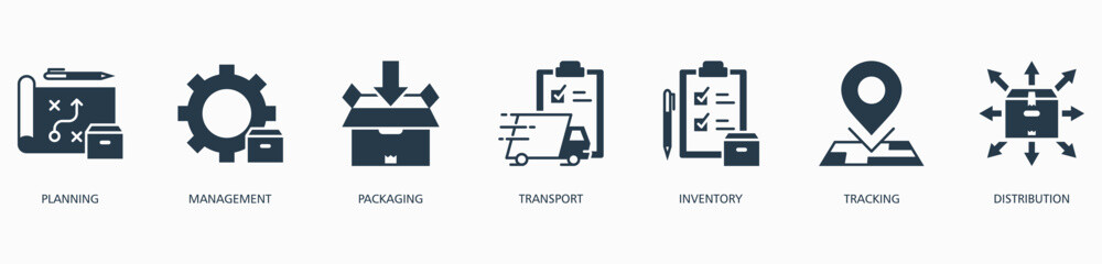 Logistics banner web icon vector illustration concept with icon of planning, management, packaging, transport, inventory, tracking and distribution
