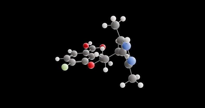 Acoramidis molecule, rotating 3D model of transthyretin stabilizer, looped video on a black background