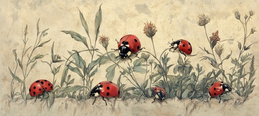 Vintage Botanical Ladybug Study, Ladybugs