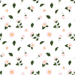 Floral pattern design featuring pink flowers and green leaves on a white background ideal for fabric and wallpaper
