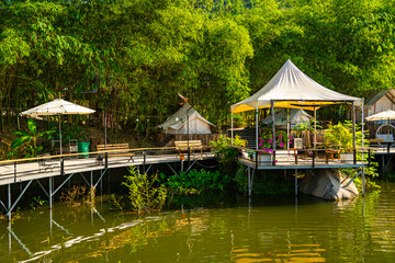 Camping camp on the lake. A theme park with photo zones and photo decorations in the suburbs of Nha Trang, Vietnam. 