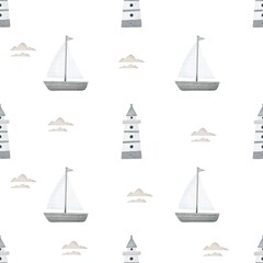 seamless pattern with cartoon ships, lighthouse, decor elements. Colorful illustration flat style for kids. hand drawing. baby design for fabric, print, wrapper, textile