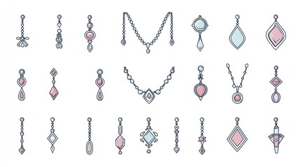 Obraz premium Elegant jewelry designs; earrings, necklaces; white background; fashion illustration; website design