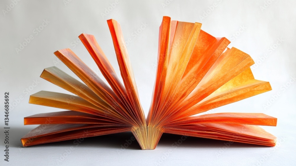 Poster open book with vibrant orange pages fanned out, displaying a gradient of color from light to dark.