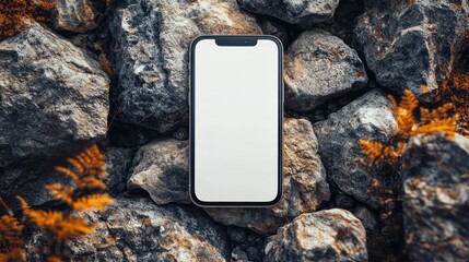 Blank screen smartphone rests on a bed of rocky terrain
