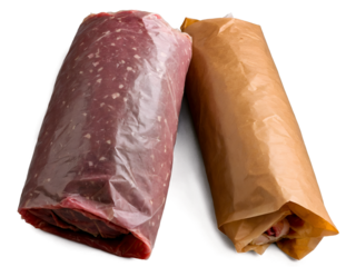 Farm-raised meats wrapped in butcher paper and plastic for freshness