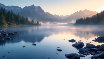 Serene Sunrise over Misty Mountain Lake