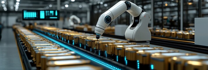 Robotic arm working on futuristic golden components