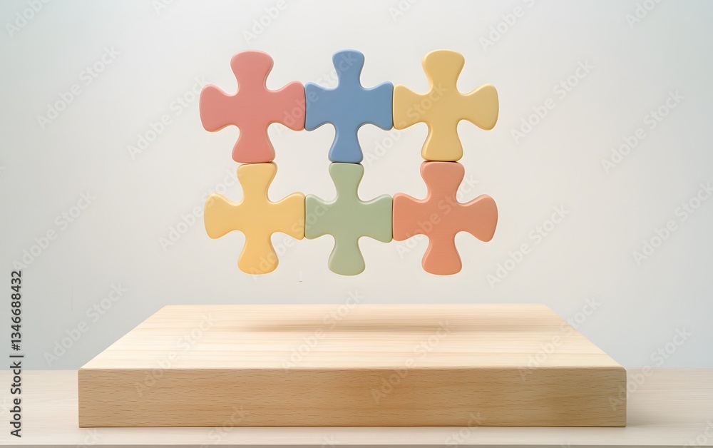 Poster a podium crafted from floating puzzle pieces, representing unity and creativity.