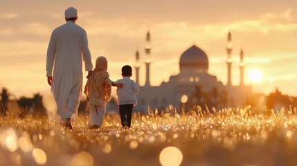 Obraz premium happy muslim family standing in front of mosque