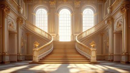 Digital illustration of a grand staircase in a castle-like setting, symbolizing elegance and luxury. 