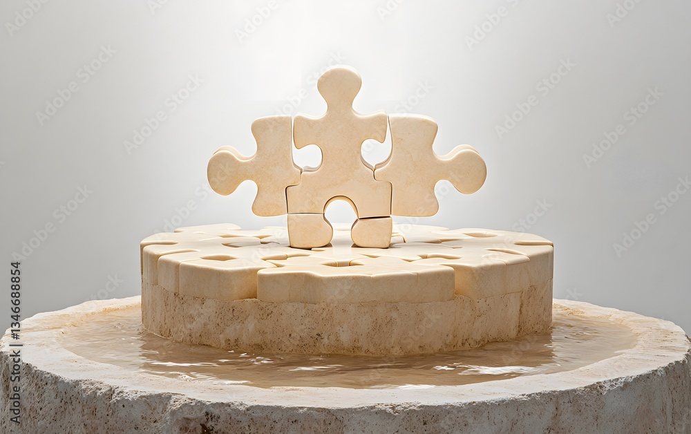 Poster a podium crafted from floating puzzle pieces, representing unity and creativity.