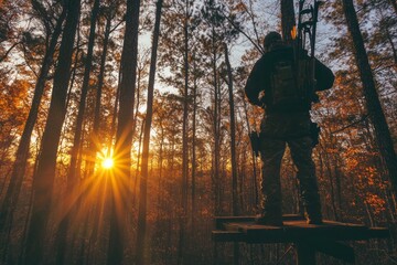 A hunter standing in a tree stand with a bow, surveying the forest floor for movement, with the sun just beginning to rise in the background.Bowhunting,archery hunting,bow and arrow.