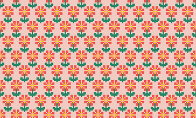 a detailed seamless composed of pixel designs with red flowers square on light pink background , design for fabric or various pattern printing works.