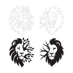 Lion and Tree Logo Designs in Black and White. Fully editable Flat and Outline.
