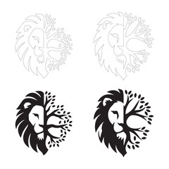 Lion and Tree Logo Designs in Black and White. Fully editable Flat and Outline.