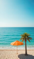 Fototapeta premium Peaceful Beach with an Orange Umbrella