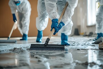 Workers in Protective Gear Cleaning a Wet Concrete Floor