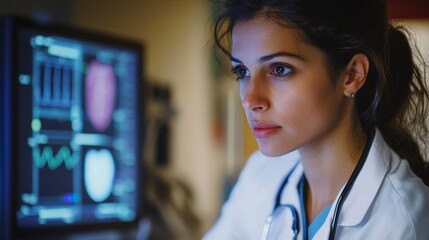 Focused young caucasian female doctor analyzing medical data on screen