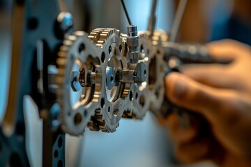A close-up of a compound bows intricate cam system and stabilizer, with the hand gripping the bow and the target.Hunting bow,compound bow,archery bow.