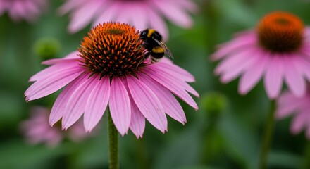 Pink coneflower bee soft light nature closeup. AI Generated
