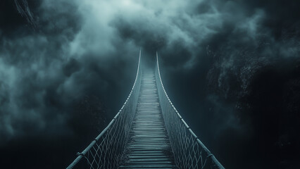 Mysterious bridge leads into foggy abyss at twilight